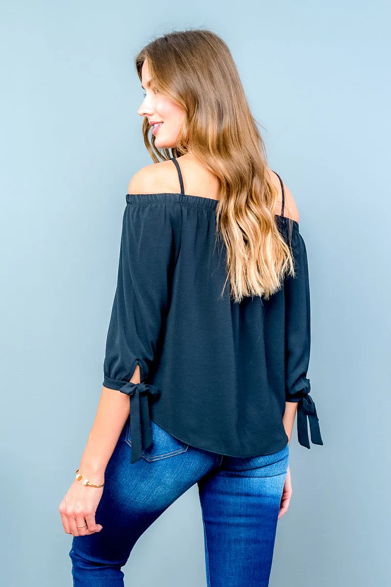 Off Shoulder Blouse with Spaghetti Straps, 3/4 Sleeves, Ties at Cuff, and Sweep Hem (T18325)