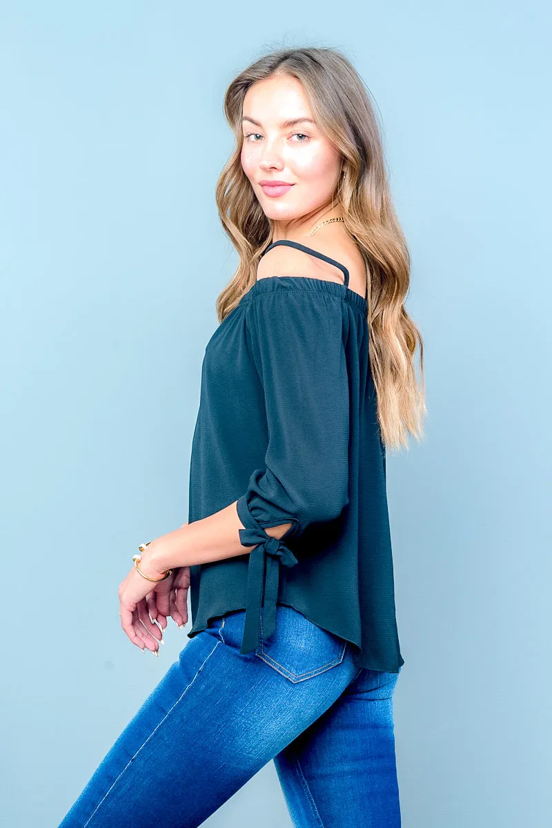 Off Shoulder Blouse with Spaghetti Straps, 3/4 Sleeves, Ties at Cuff, and Sweep Hem (T18325)