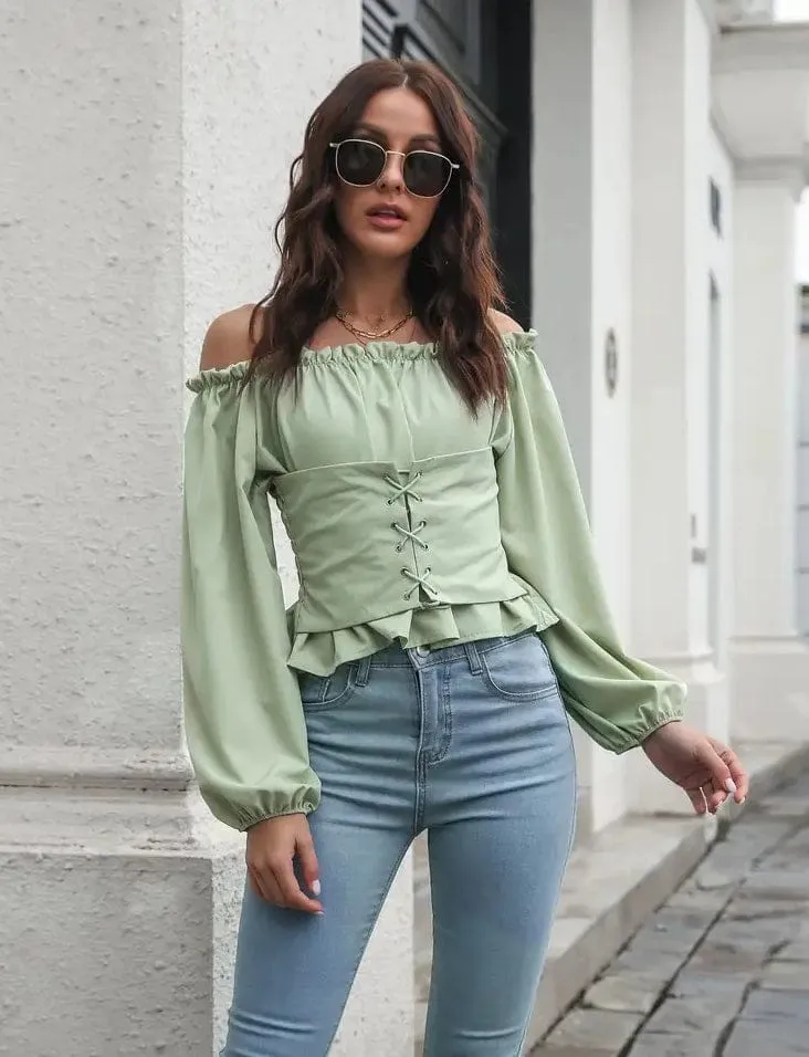 Off shoulder corset front long sleeve boho blouses