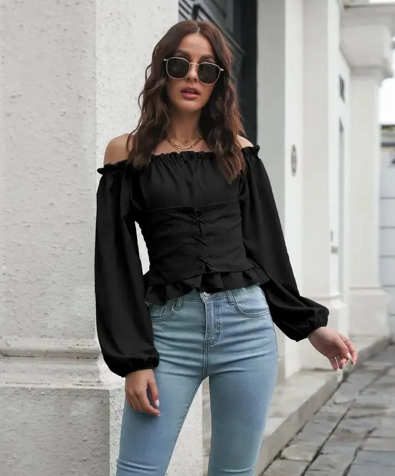 Off shoulder corset front long sleeve boho blouses