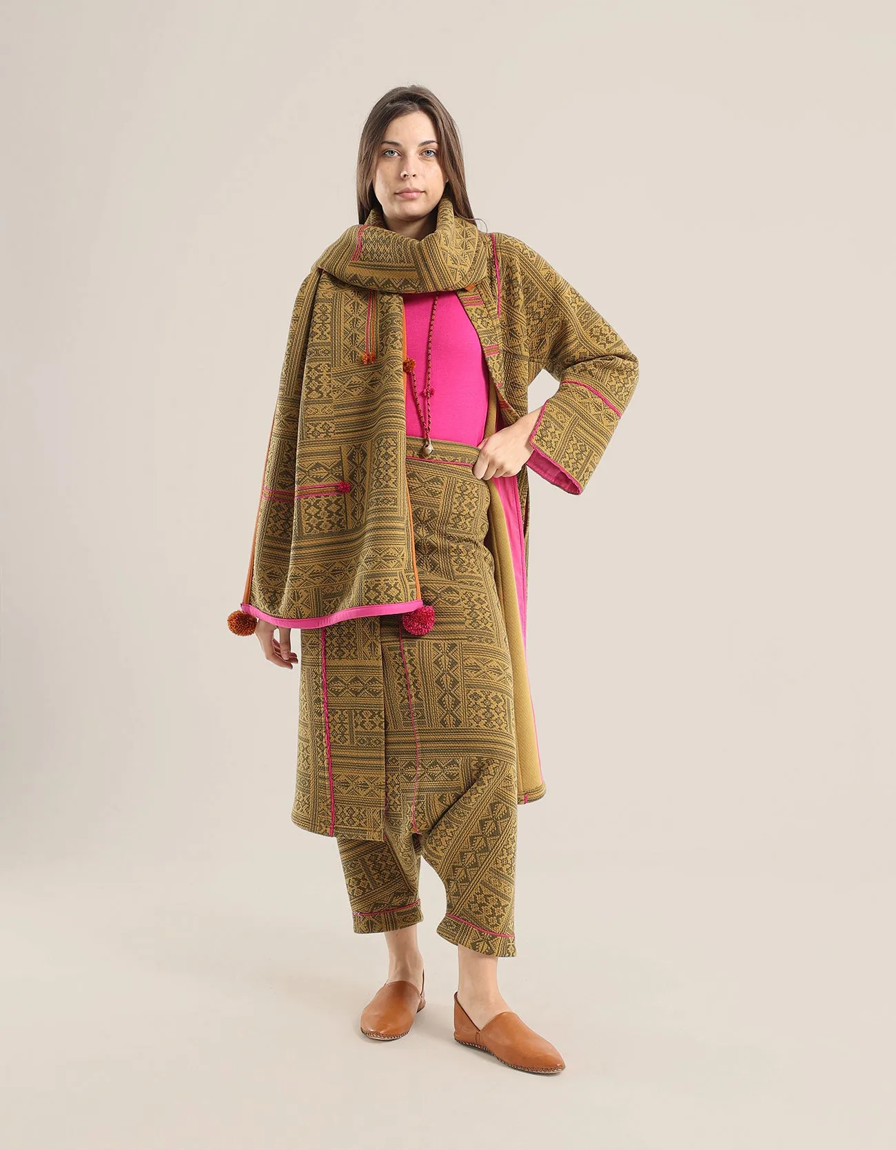 printed quilted  harem pants with contrast colour stitching