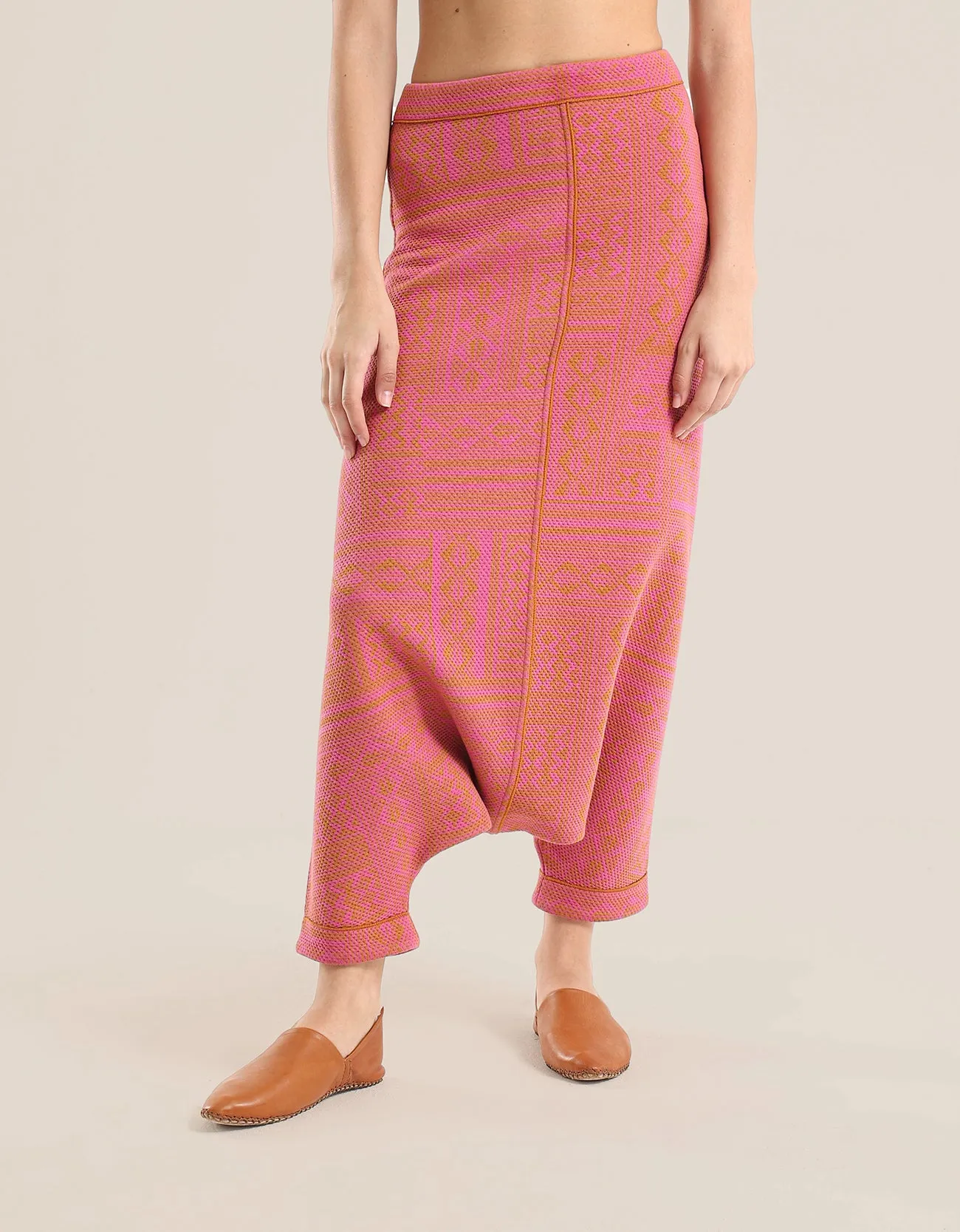 printed quilted  harem pants with contrast colour stitching