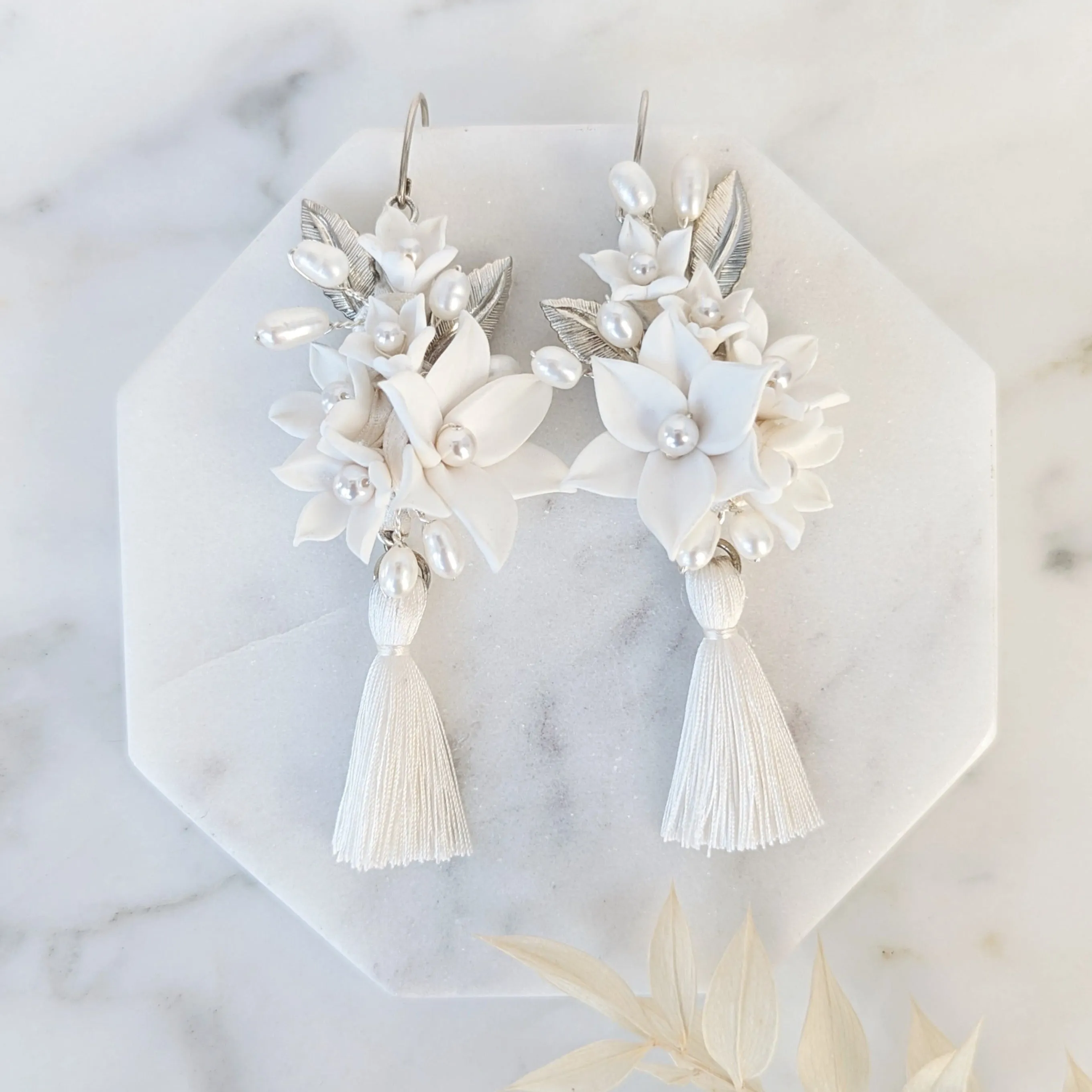 SAMANTHA Clay Flower Fringe Bridal Earrings