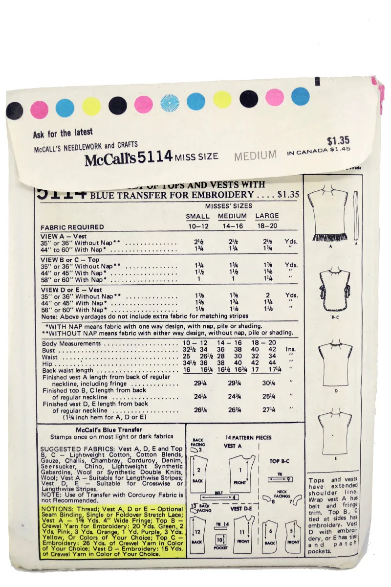 Uncut McCalls 5114 Vintage 1976 Tops & Vests Sewing Pattern