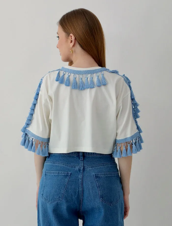 Women's Oversized Tops: Off-white with Blue Tassel Trim